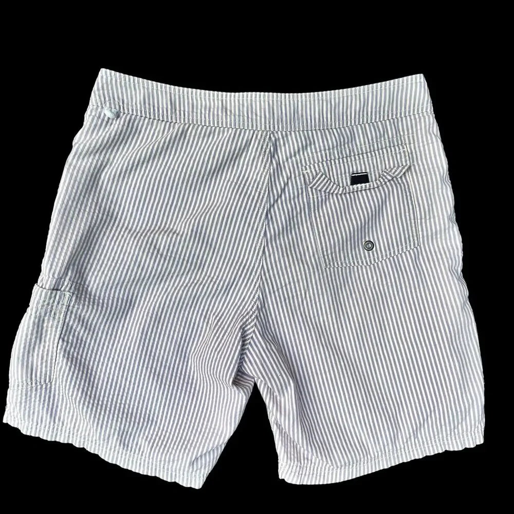 J Crew Mens 33 Seersucker Swim Trunks Cargo Shorts Green Tan Striped Mesh Lined‎